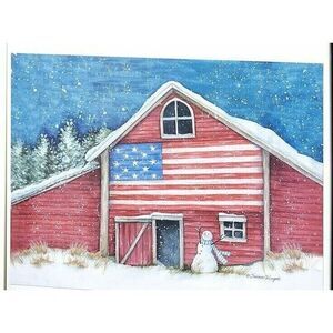 Snowy USA Flag Red Barn Dishwasher Magnet Folk Art Country Snowman NEW